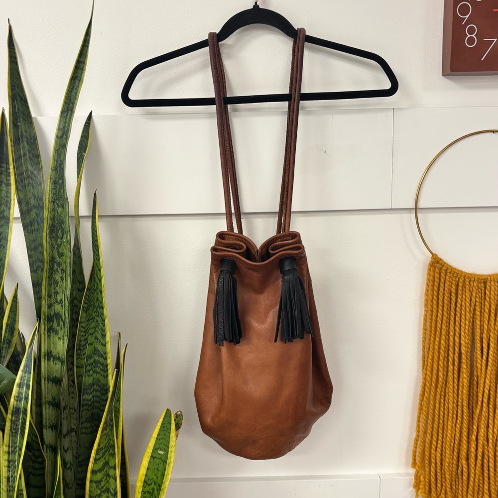 Brown Oxford Leather Bucket Bag with Tassels